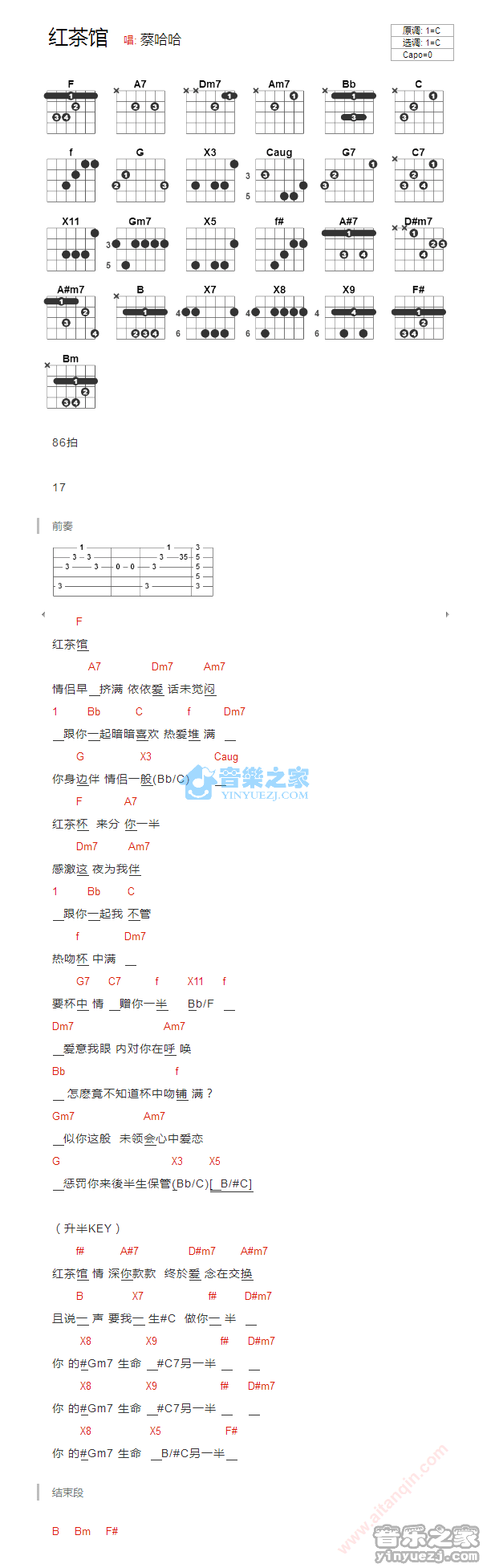红茶馆 C调和弦谱