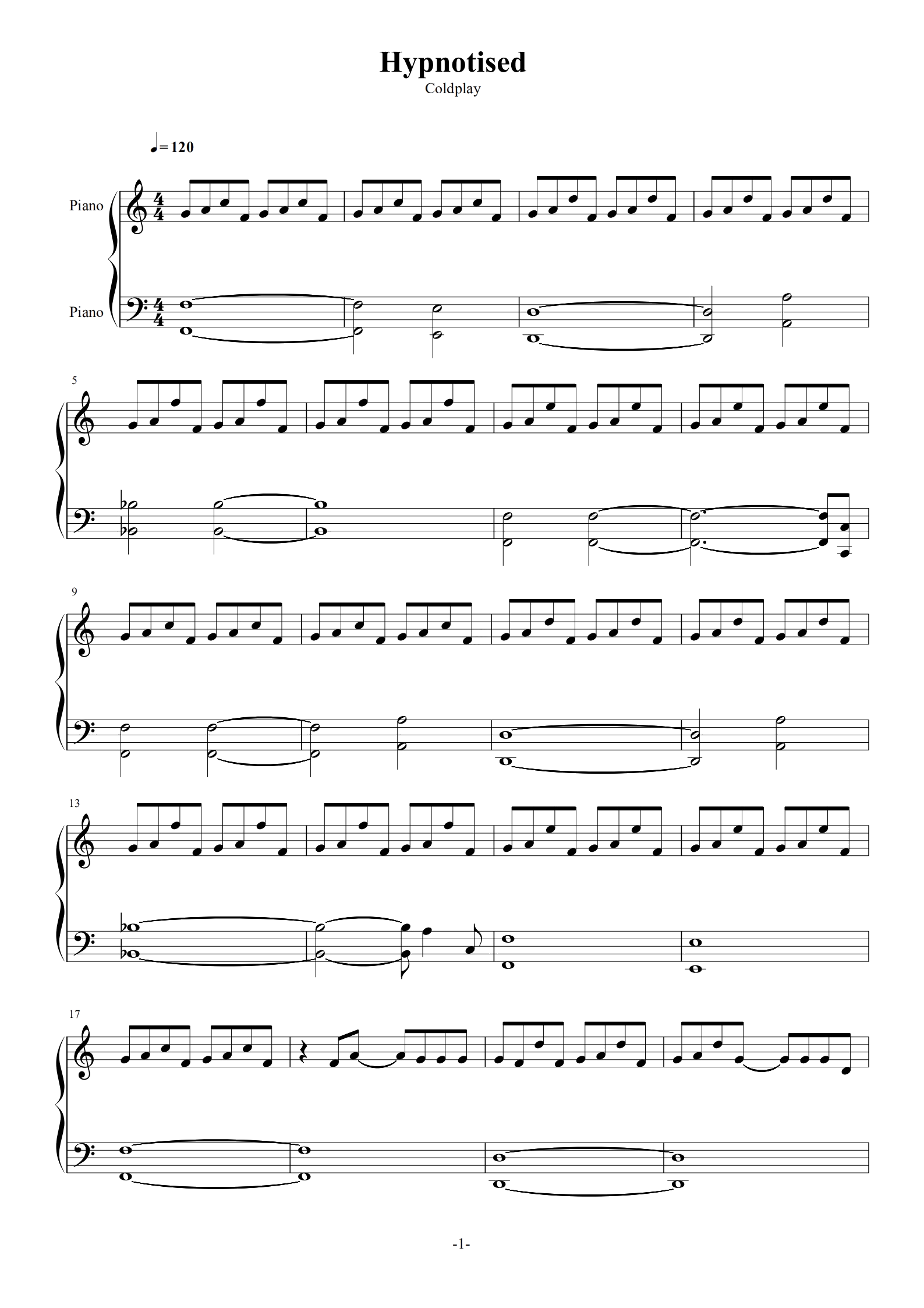 Hypnotised-Coldplay-独奏版-钢琴谱