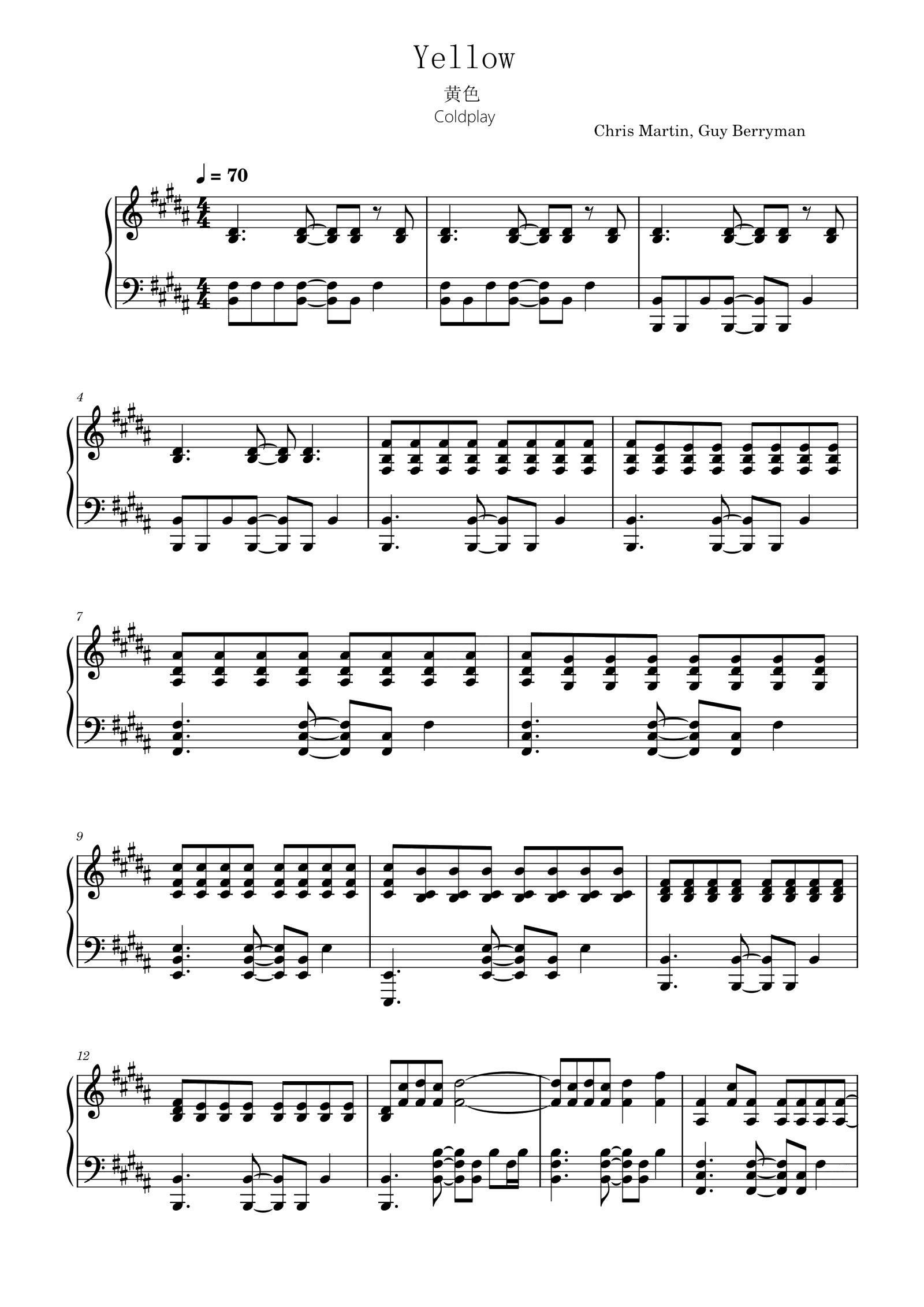 Yellow，黄色，Coldplay，原调B大调，独奏谱