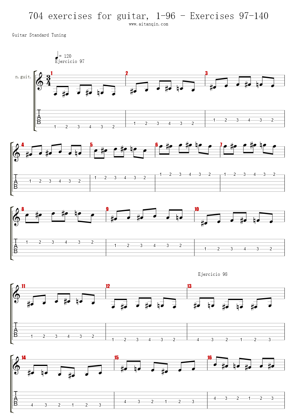 704 exercises for guitar, 1-96 - Exercises 97-140